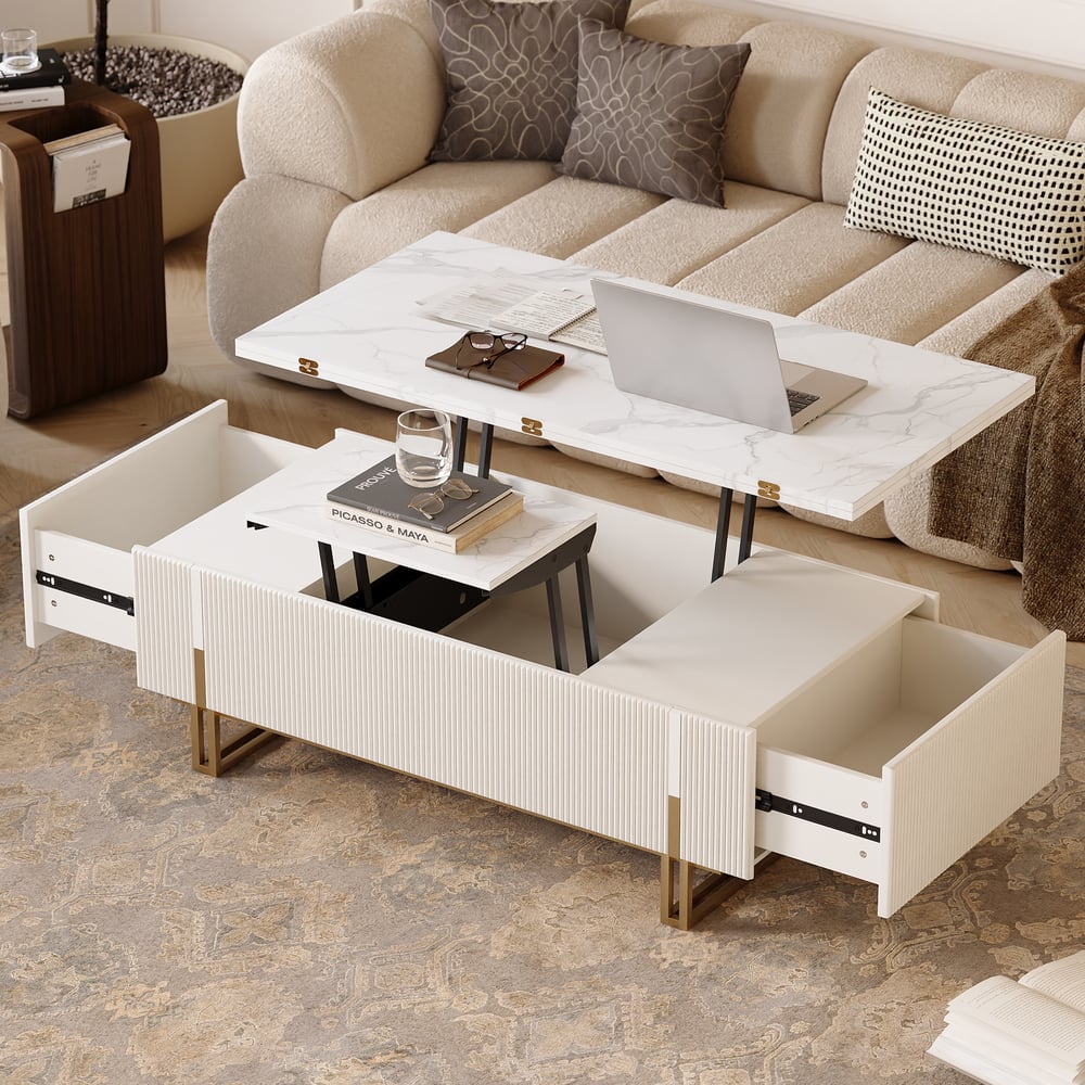 Questions et Réponses pour Table basse à plateau relevable cannelée Grovyn avec 2 tiroirs, 120 cm