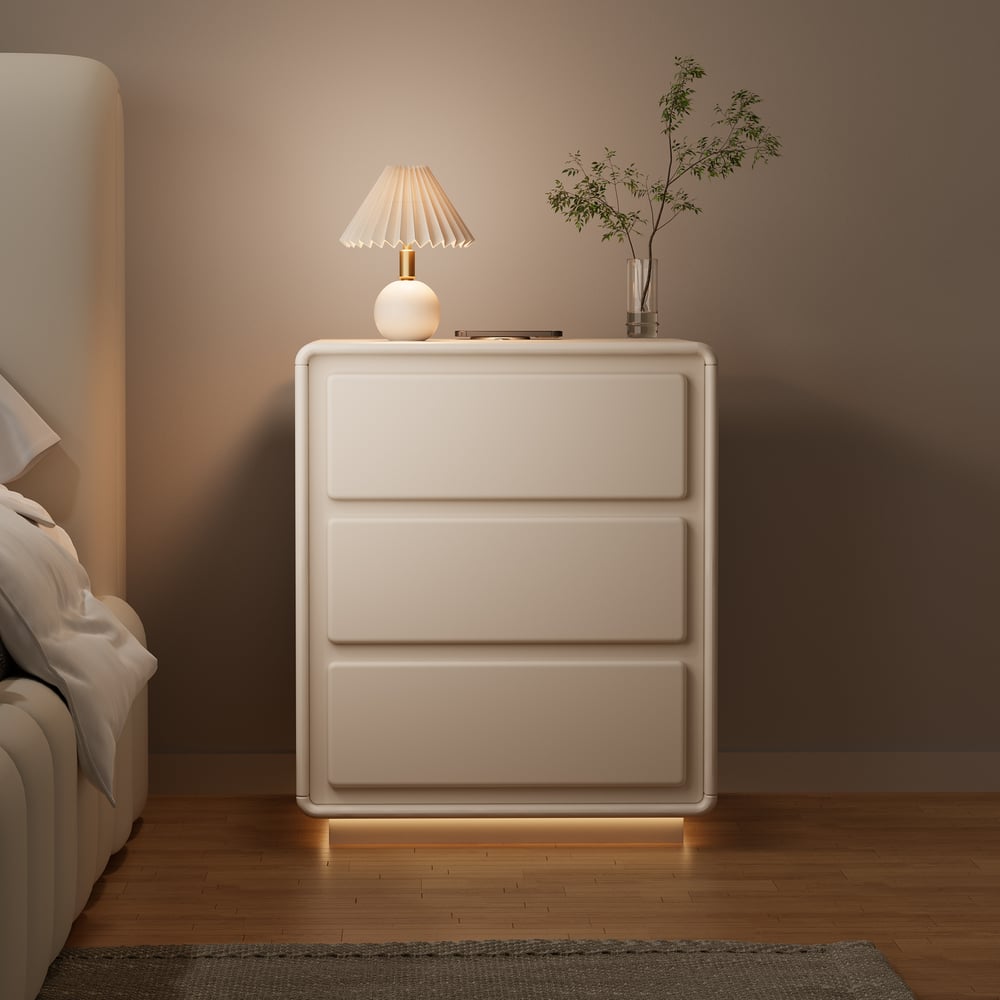 Perguntas e respostas para Mesa de cabeceira moderna de MDF esbranquiçado com 3 gavetas com USB e iluminação