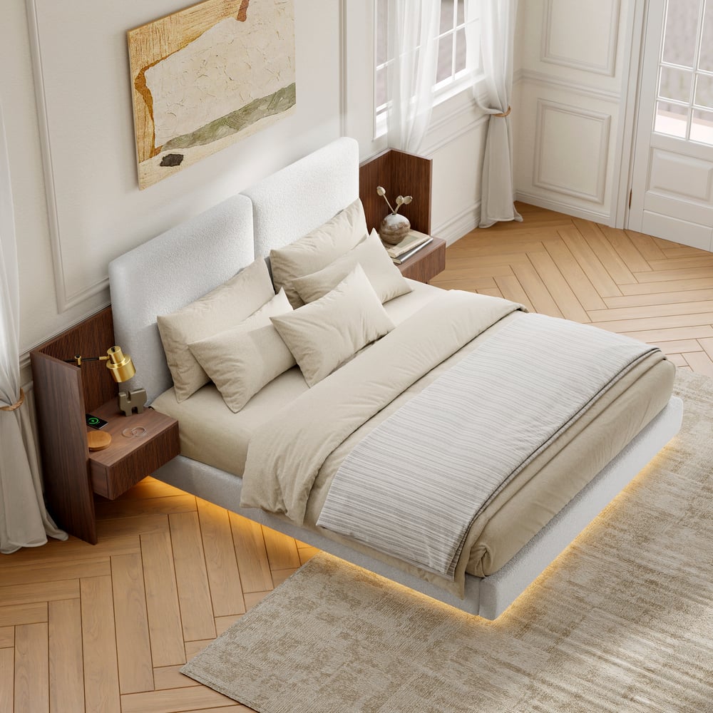 Questions et Réponses pour Lit en bois massif 180 x 200 cm avec tête de lit allongée en boucle et ensemble de table de chevet intelligente flottante