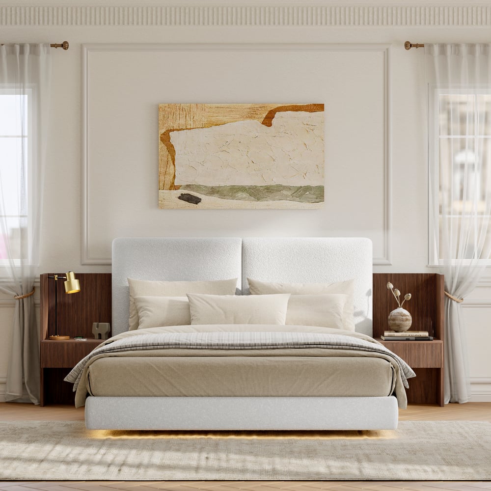 Questions et Réponses pour Lit en bois massif 180 x 200 cm avec tête de lit allongée en boucle et ensemble de table de chevet intelligente flottante