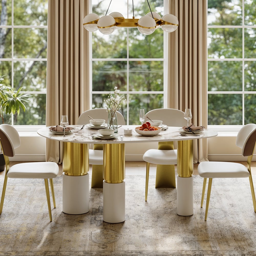 Questions and Answers for 63" Sintered Stone Pebble Dining Table with 3 Legs Seats 4-6 People