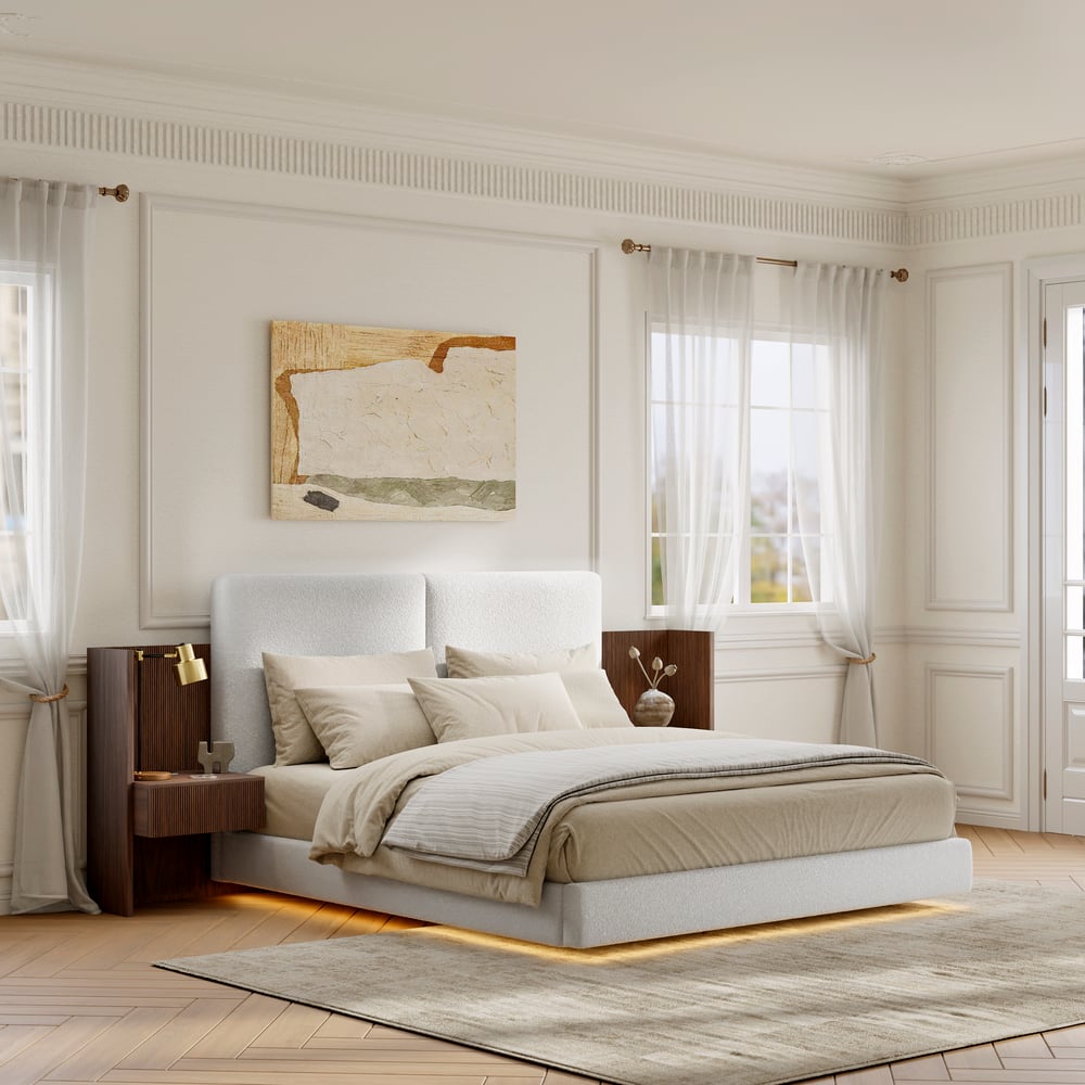 Perguntas e respostas para Cama de madeira maciça 180x200 cm com cabeceira estendida Boucle e conjunto de mesa de cabeceira inteligente flutuante