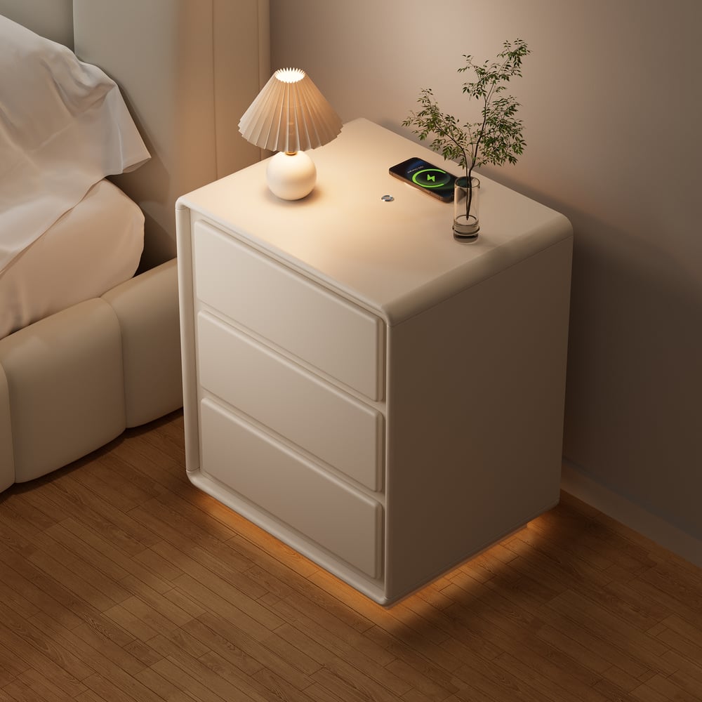 Perguntas e respostas para Mesa de cabeceira moderna de MDF esbranquiçado com 3 gavetas com USB e iluminação