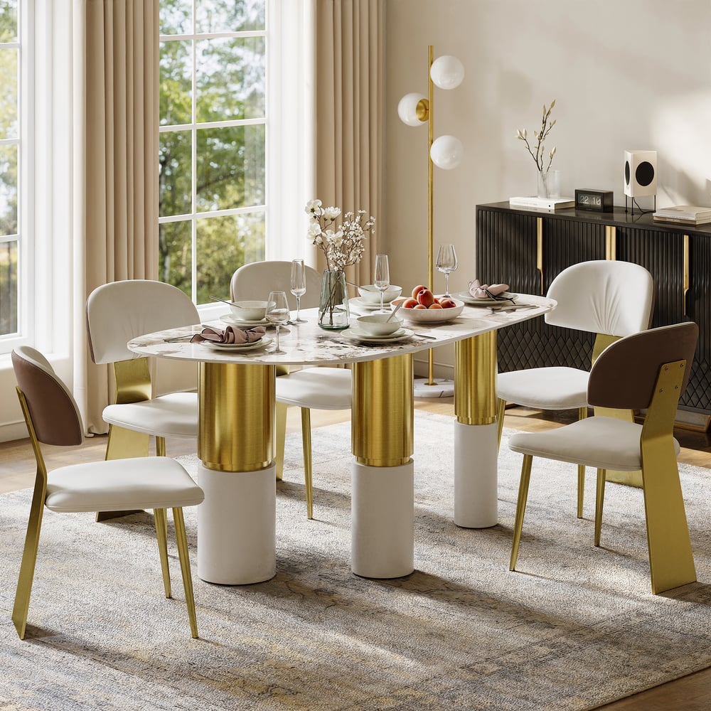 Questions and Answers for 63" Sintered Stone Pebble Dining Table with 3 Legs Seats 4-6 People