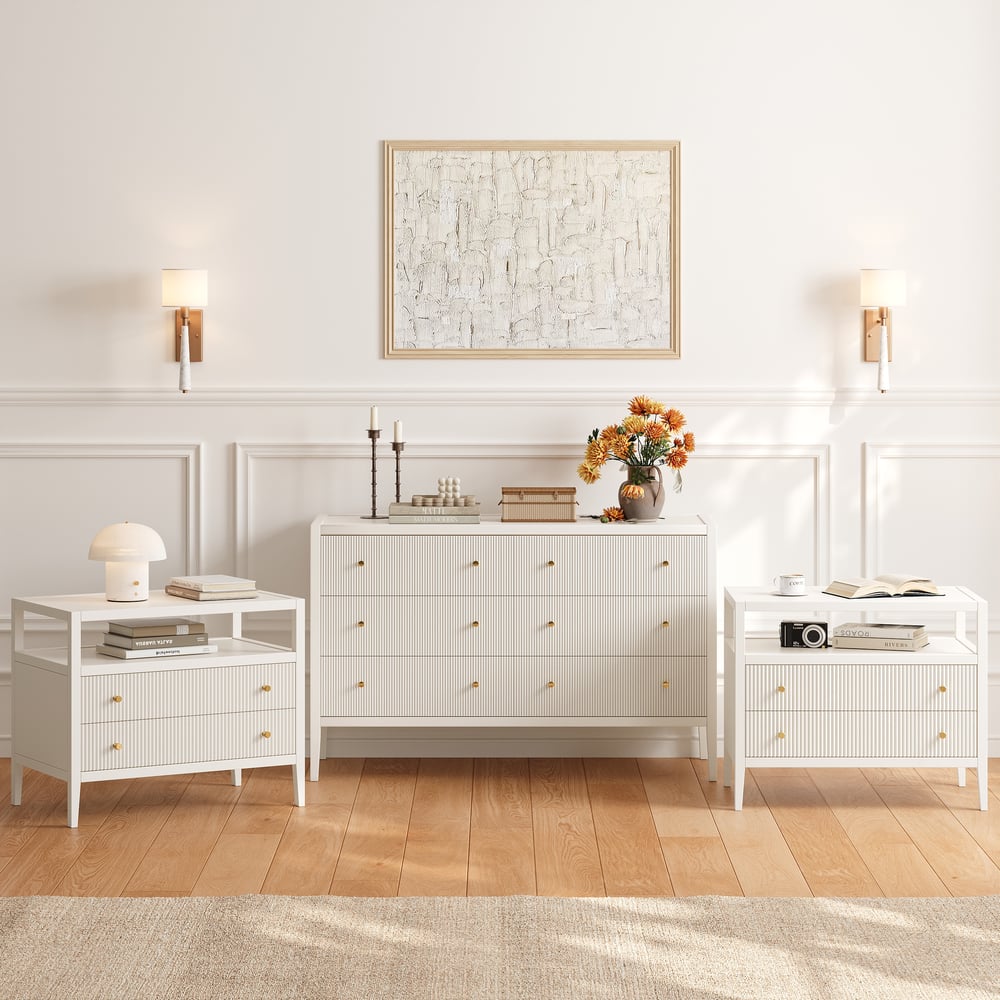 Stria White Fluted 6-Drawer Dresser & 2 Wide Nightstands Set Stria White Fluted 6-Drawer Dresser & 2 Wide Nightstands Set window image