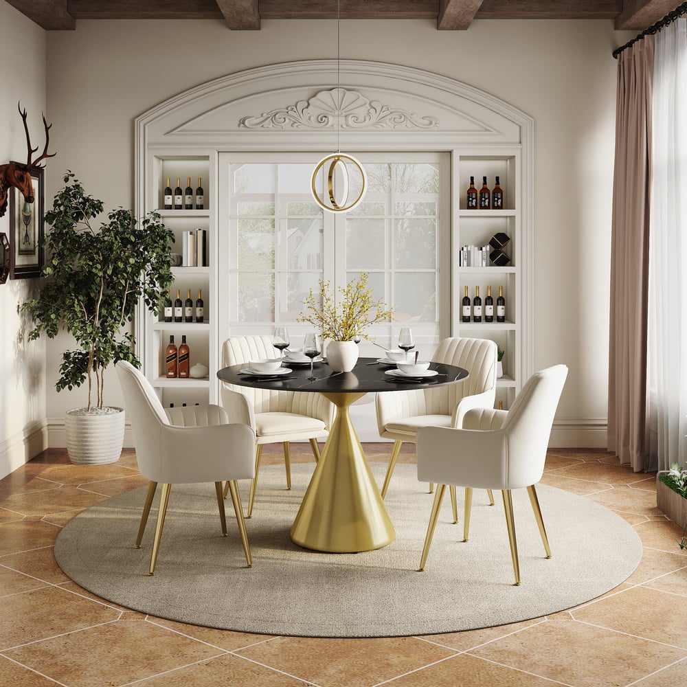 Questions and Answers for 39" Sintered Stone Round Dining Table with Brushed Gold Base Seats 2-4 People