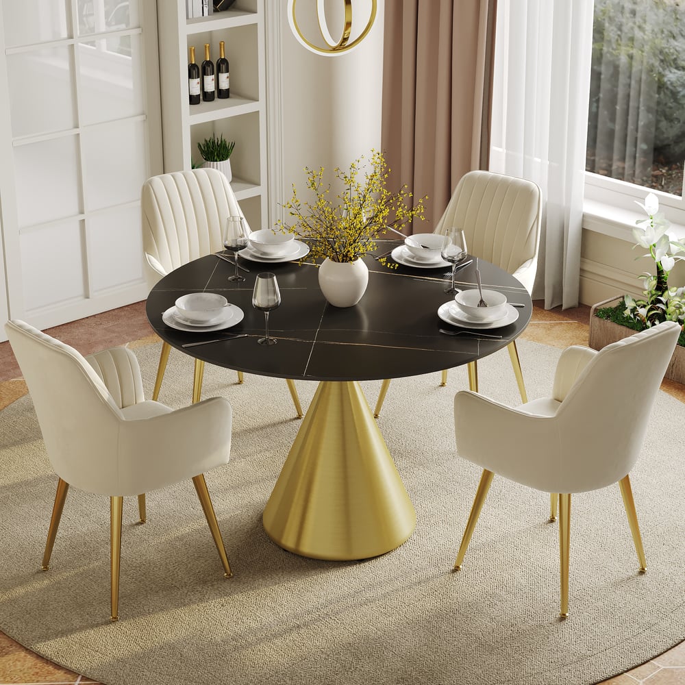 Questions and Answers for 39" Sintered Stone Round Dining Table with Brushed Gold Base Seats 2-4 People