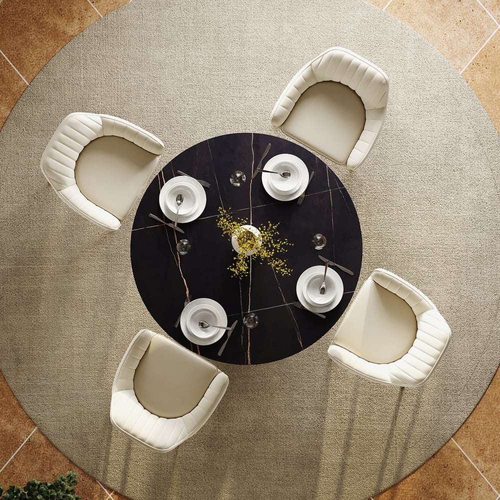 Questions and Answers for 39" Sintered Stone Round Dining Table with Brushed Gold Base Seats 2-4 People