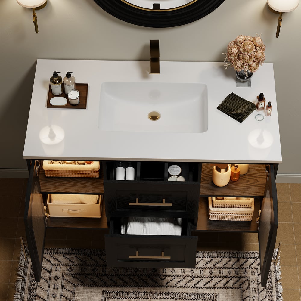 Perguntas e respostas para Vaidade de banheiro preta Arune de 1070 mm com portas de vidro arqueadas, gavetas e luz