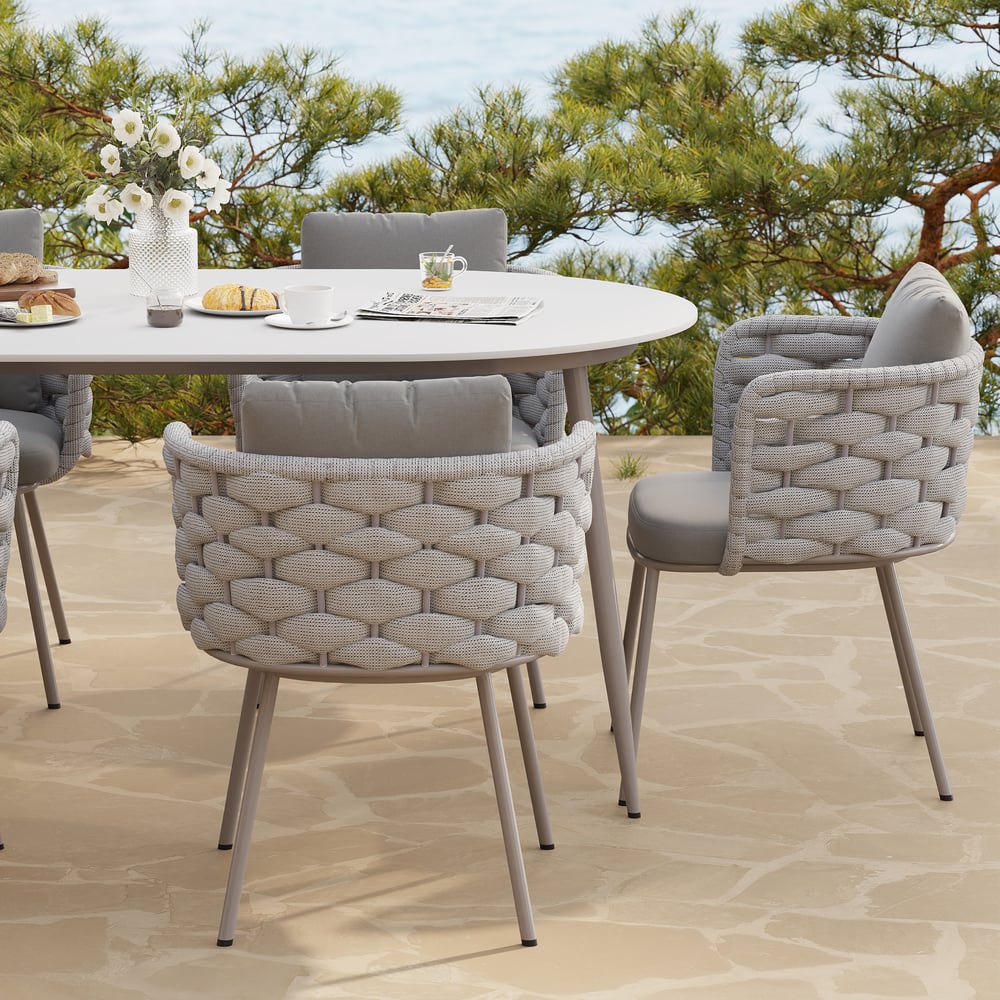 Avis Clients sur Fauteuil de salle à manger moderne en aluminium et cordes du milieu du siècle, 2 pièces, gris