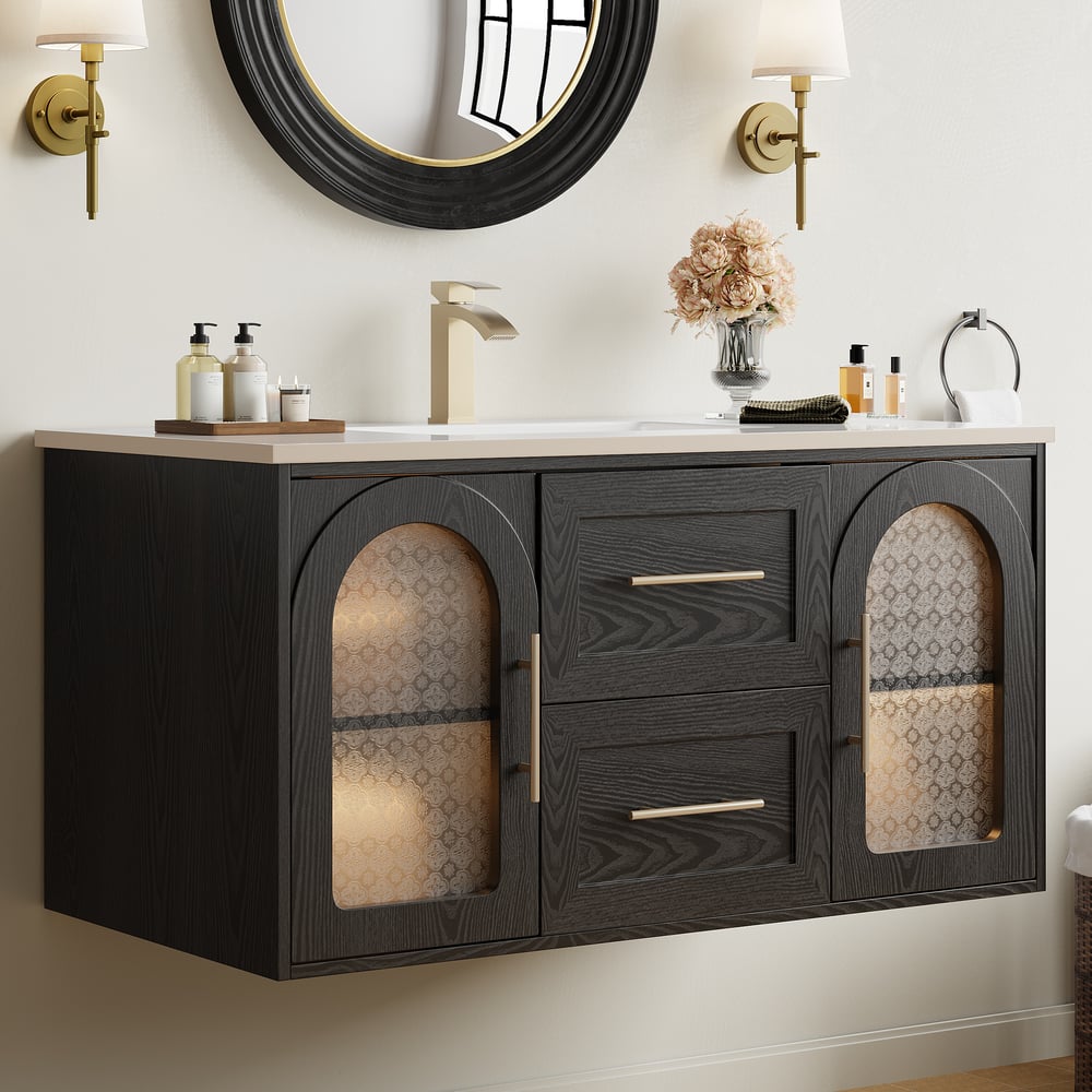 Perguntas e respostas para Vaidade de banheiro preta Arune de 1070 mm com portas de vidro arqueadas, gavetas e luz