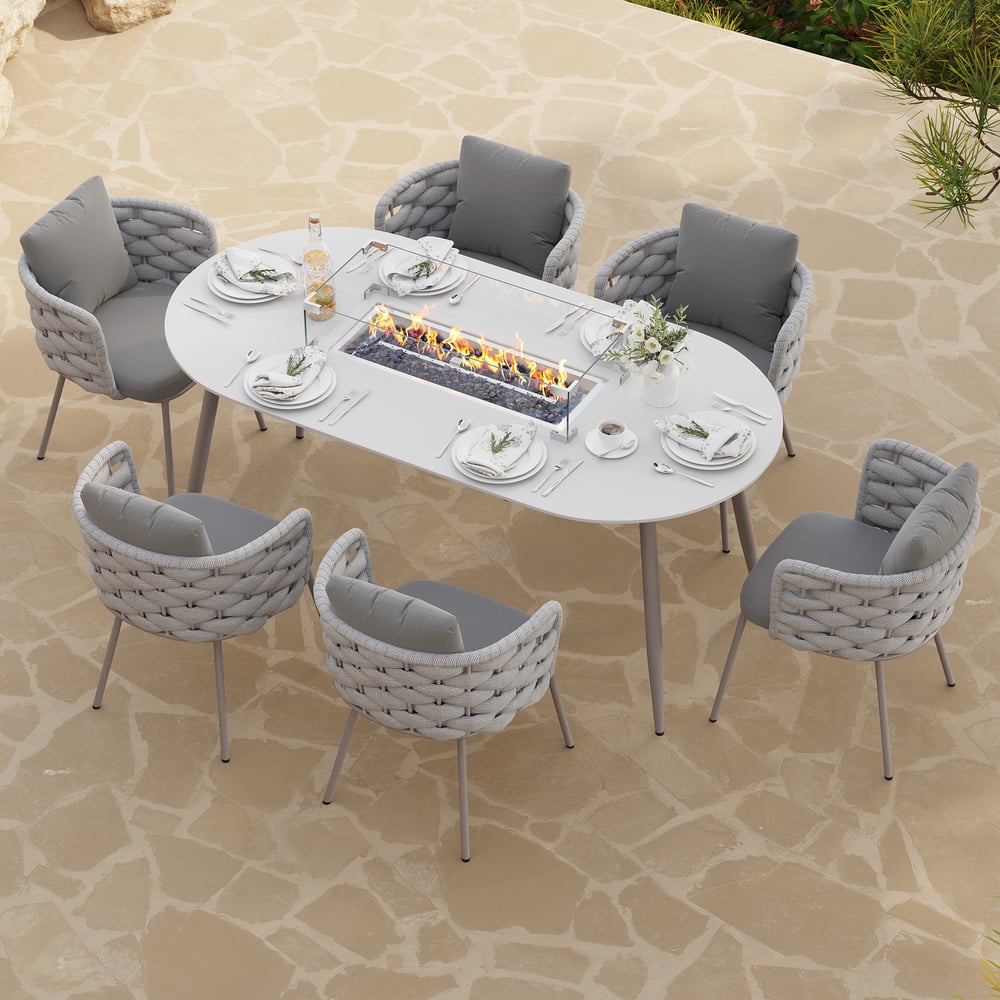 Questions and Answers for 7 Pieces Outdoor Dining Set with Oval Propane Fire Pit Table & Rope Woven Armchair