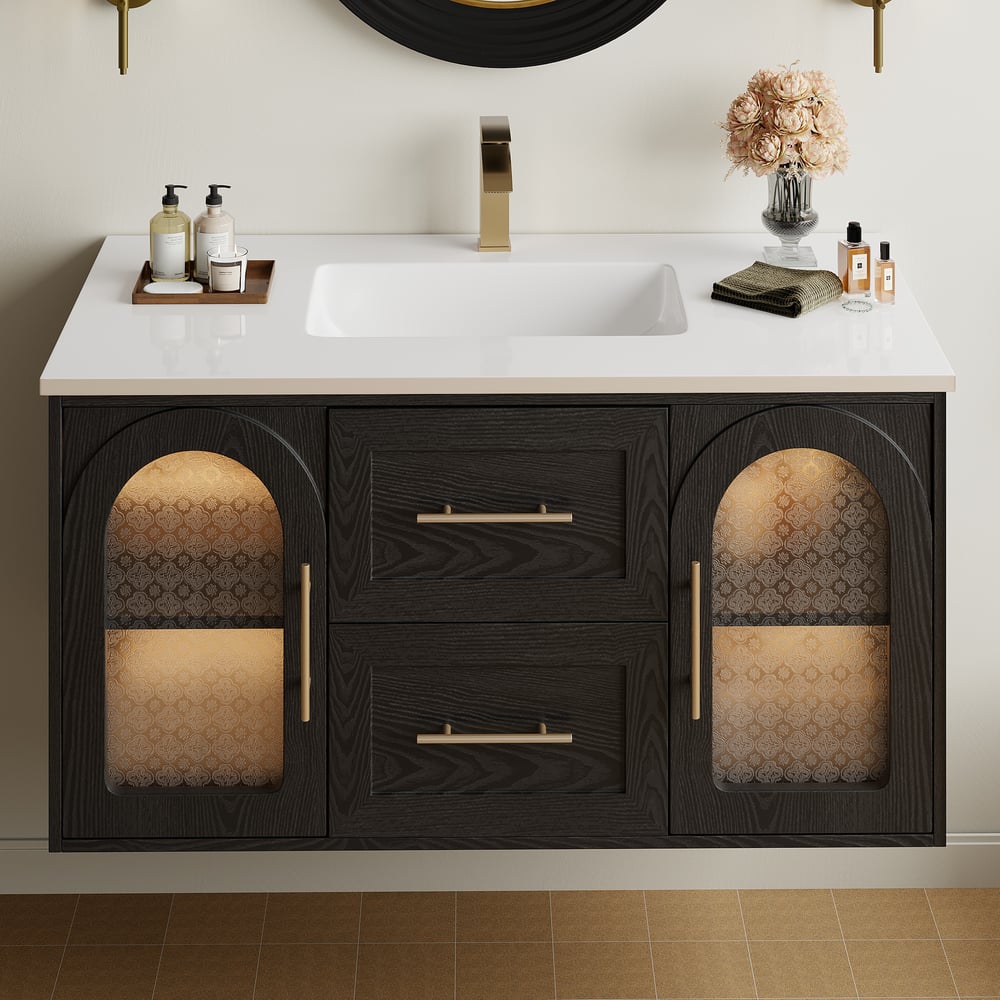 Perguntas e respostas para Vaidade de banheiro preta Arune de 1070 mm com portas de vidro arqueadas, gavetas e luz