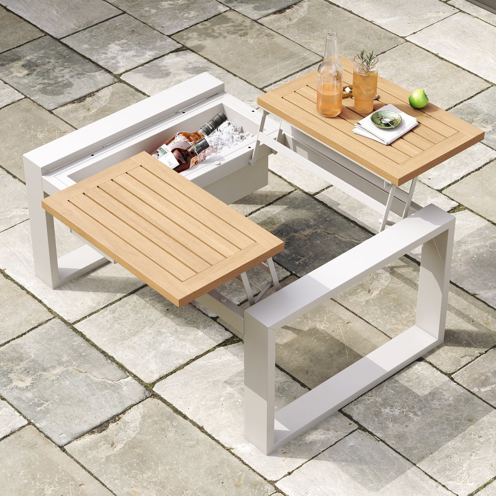 Questions and Answers for 4-Pieces Modular Outdoor Sofa Set Aluminum & Acacia for 4 Person in Light Grey