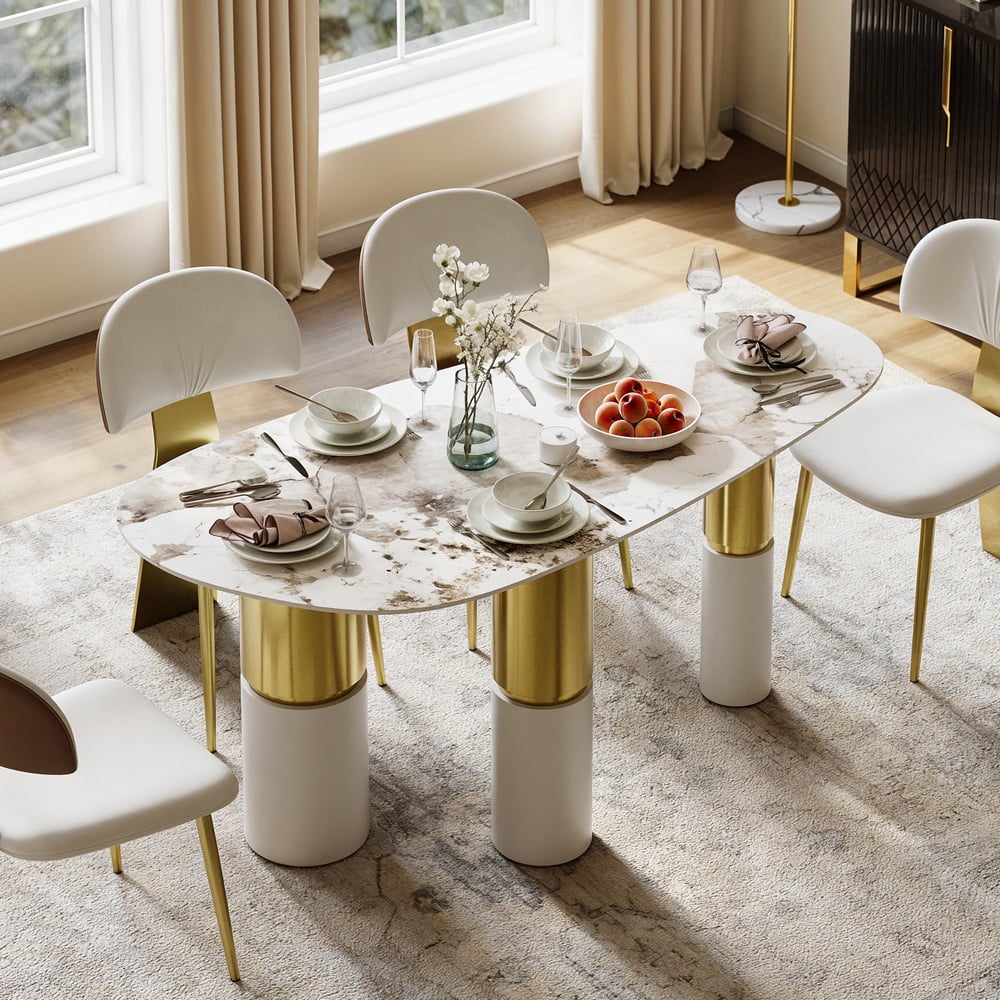 Questions and Answers for 63" Sintered Stone Pebble Dining Table with 3 Legs Seats 4-6 People