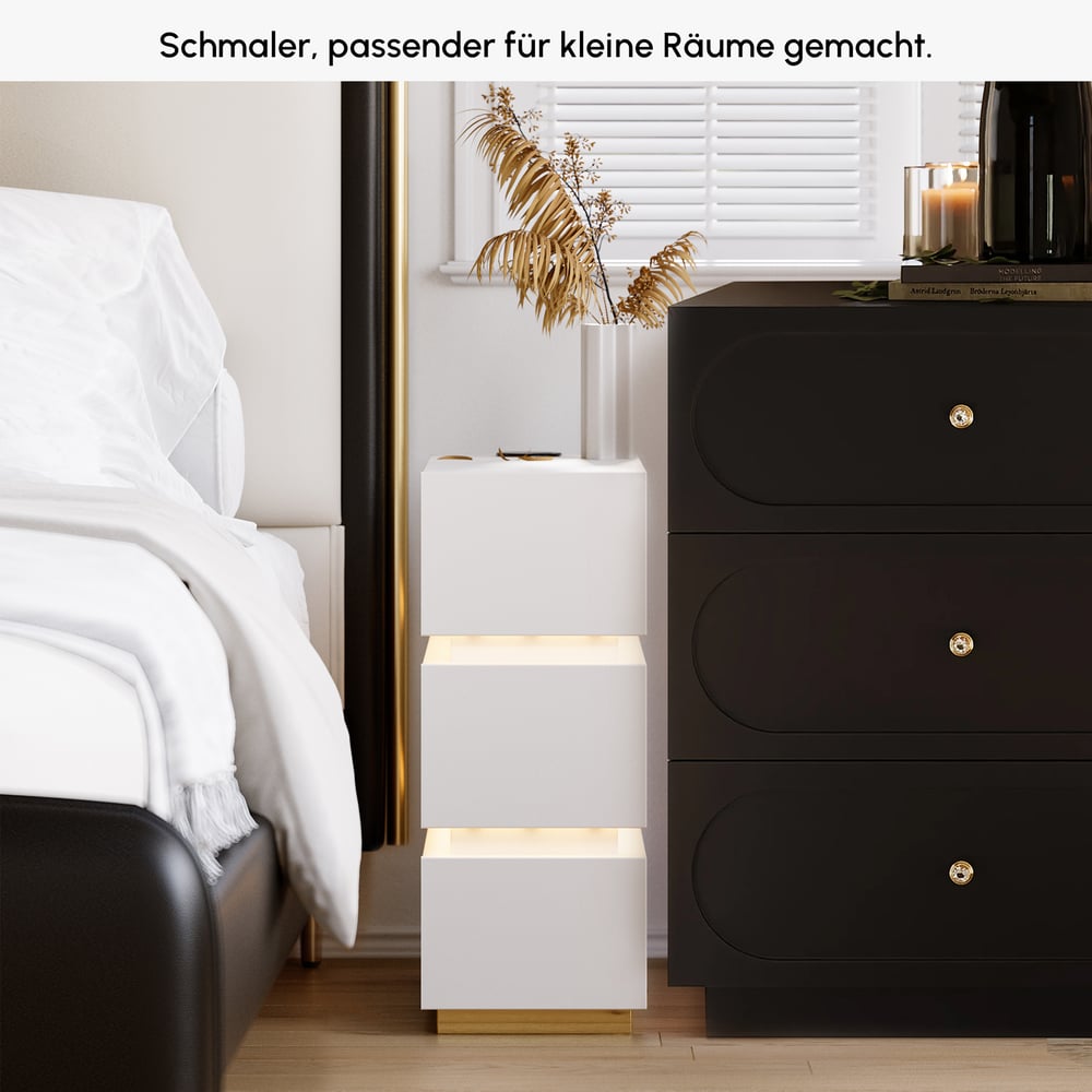 Smal nachtkastje met 3 lades, LED, USB en draadloos opladen van wit hout, slim nachtkastje 24 cm breed｜Homary  DE