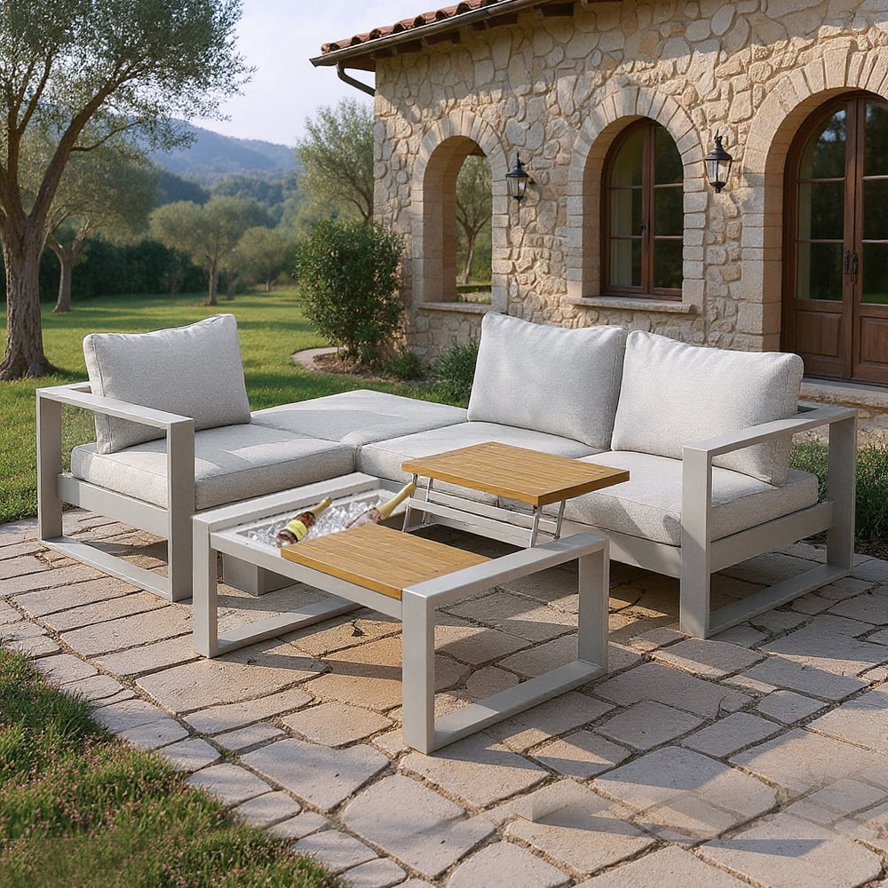 Questions and Answers for 4-Pieces Modular Outdoor Sofa Set Aluminum & Acacia for 4 Person in Light Grey
