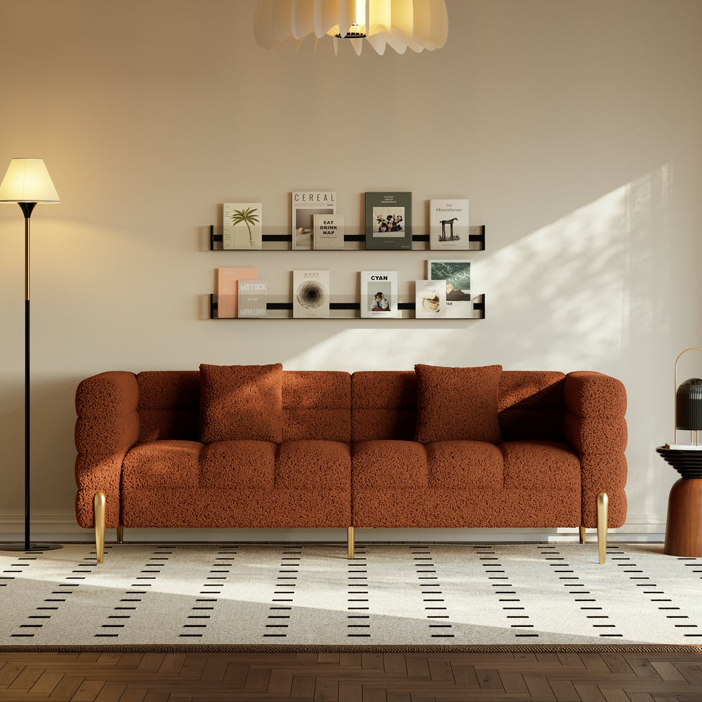 Questions and Answers for Aurora 2000mm Boucle Fluted Sofa with Gold Legs & Pillows