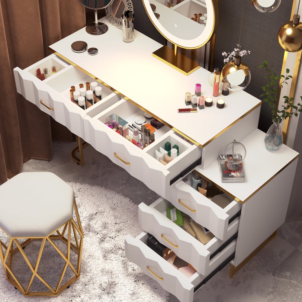 Recensioni dei clienti per Tavolo da toeletta moderno allungabile bianco con 5 cassetti, sgabello e specchio