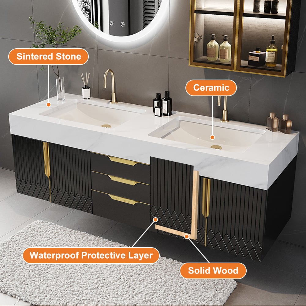 Questions and Answers for Aro Series Bathroom Vanity Set 59" Floating Faux Marble Bathroom Vanity Black with Sink