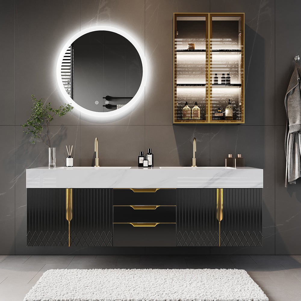 Questions and Answers for Aro Series Bathroom Vanity Set 59" Floating Faux Marble Bathroom Vanity Black with Sink