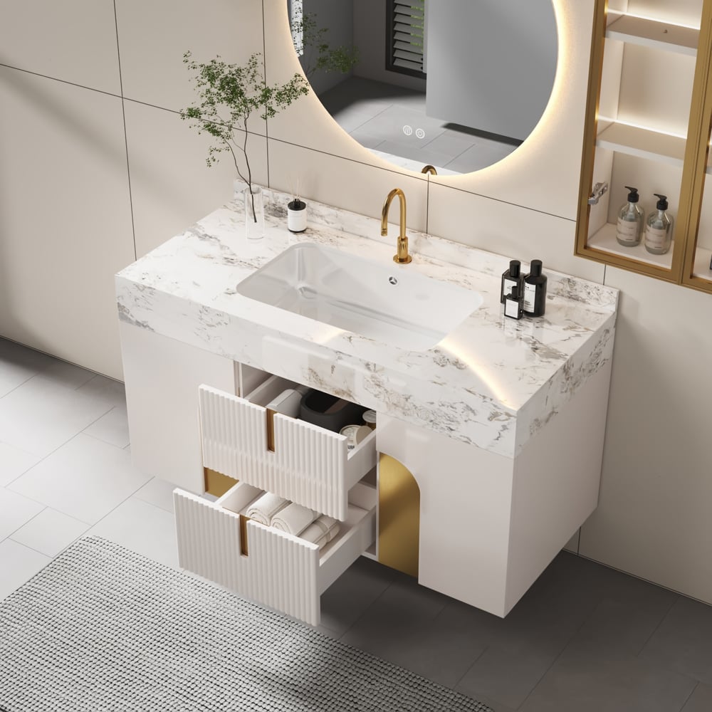 Domande e risposte per Set di mobili da bagno della serie Artus da 36" Moderno mobile da bagno galleggiante beige con lavandino