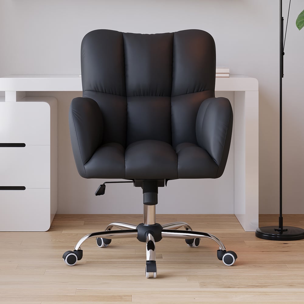 Vragen en antwoorden voor Moderne zwarte bureaustoel van kunstleer - draaibare en in hoogte verstelbare bureaustoel