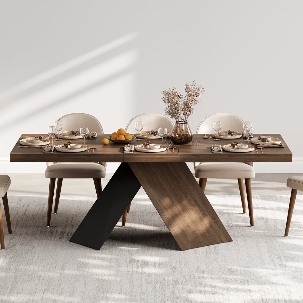 Questions and Answers for Expandable walnut dining table with pedestal base for 6 to 8 seats