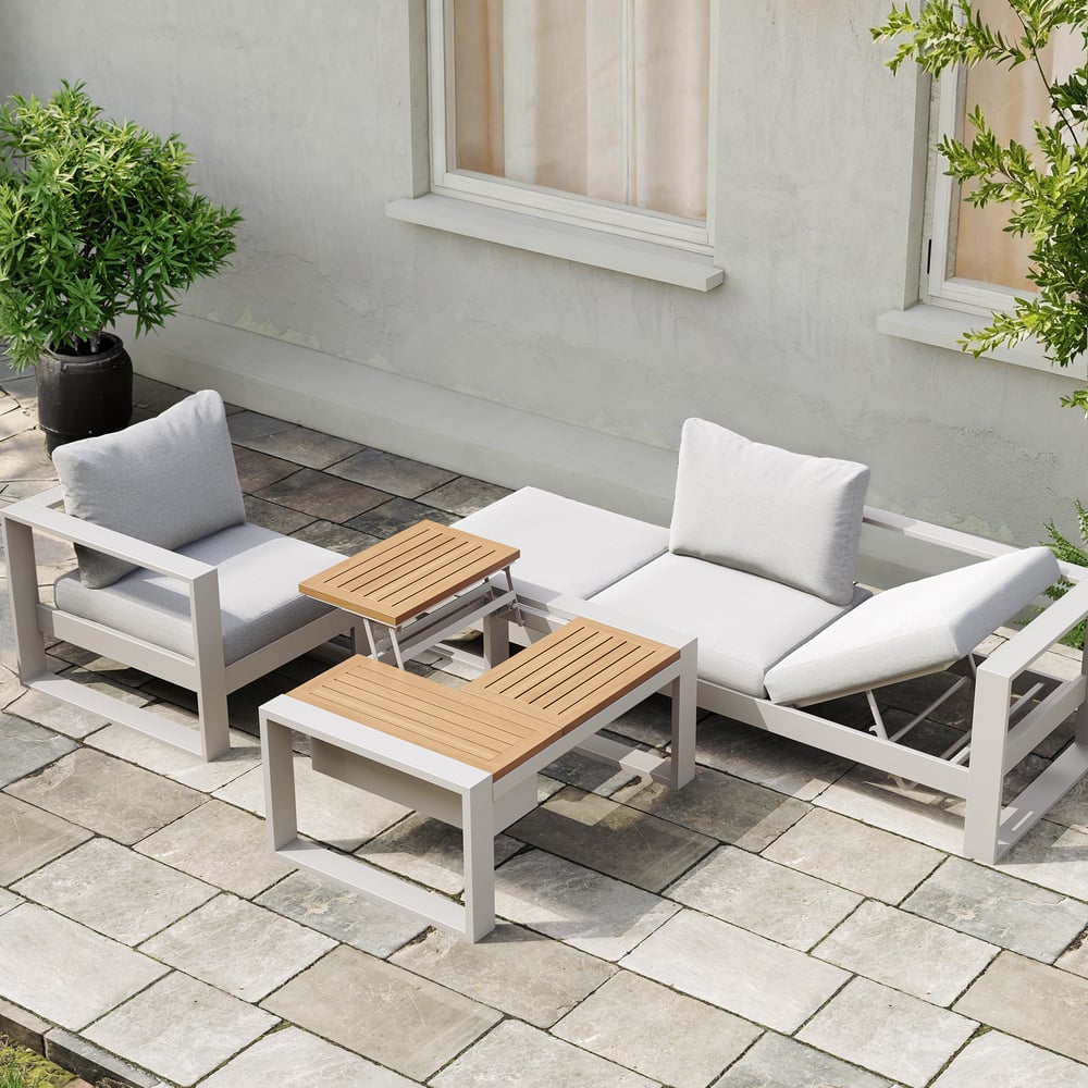 Questions and Answers for 4-Pieces Modular Outdoor Sofa Set Aluminum & Acacia for 4 Person in Light Grey