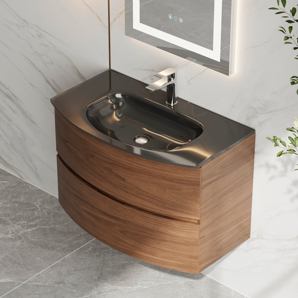 Questions and Answers for Modern 800mm Floating Bathroom Vanity with One-piece Glass Basin 2 Drawers in Walnut