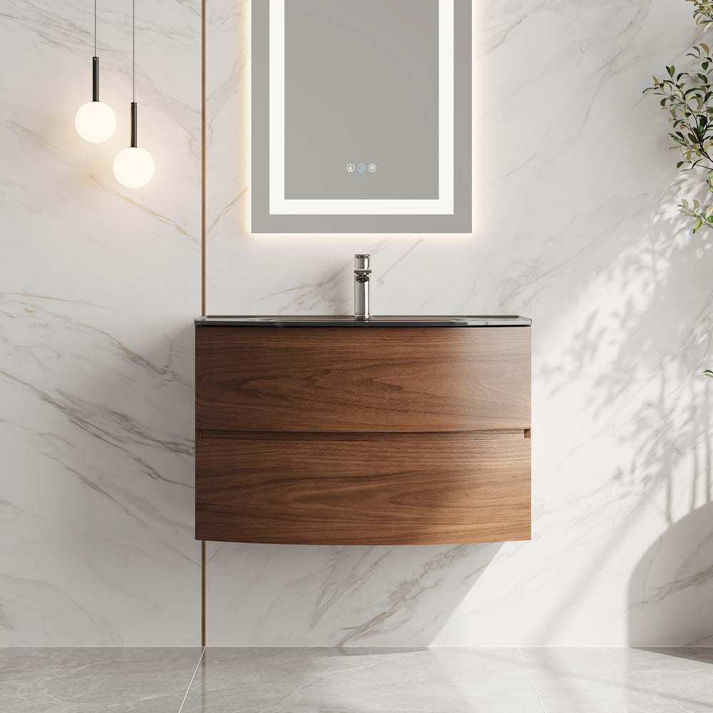 Questions and Answers for Modern 800mm Floating Bathroom Vanity with One-piece Glass Basin 2 Drawers in Walnut