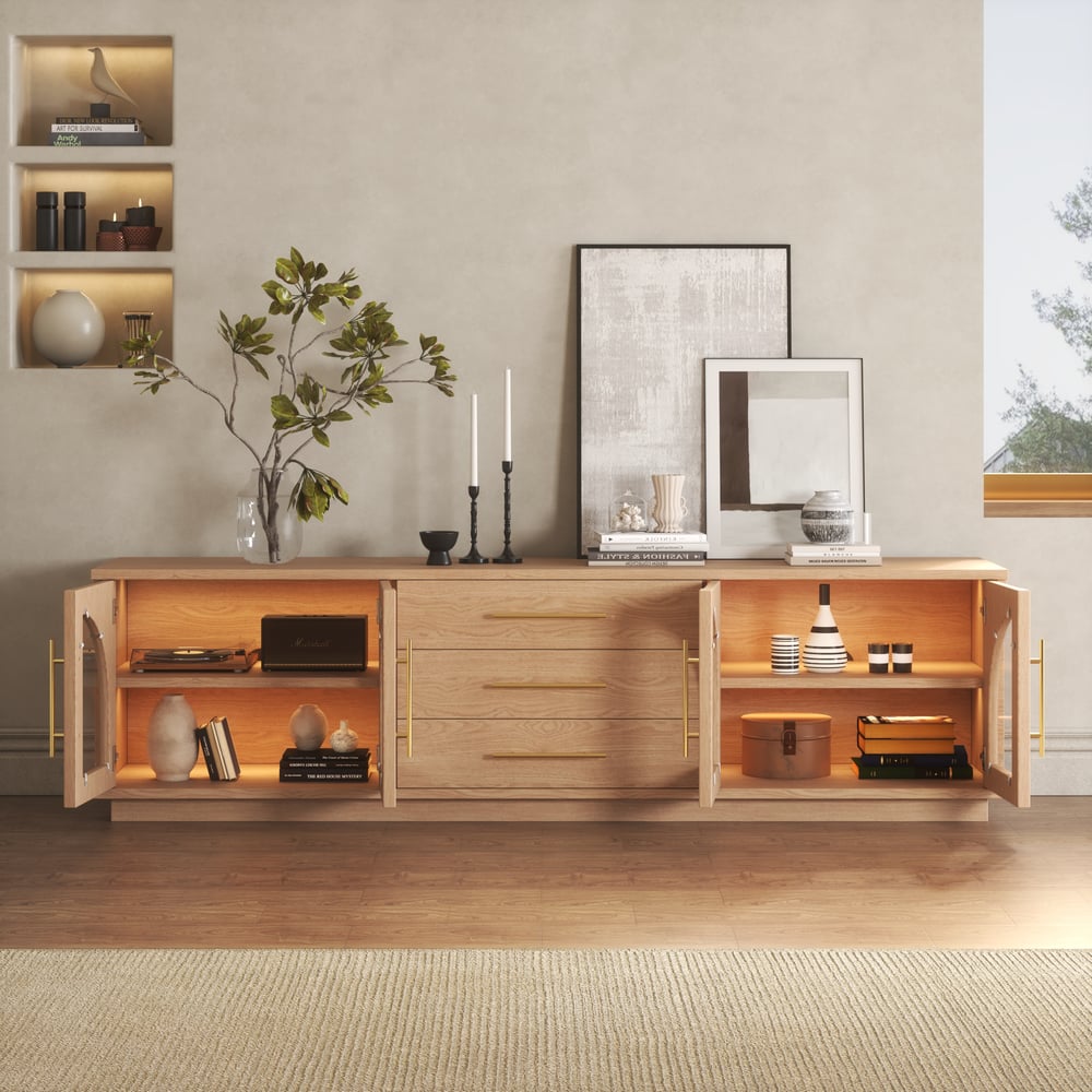 Questions and Answers for TV-Lowboard Arune 183 cm with 4 arched glass doors, 3 drawers and LED lighting