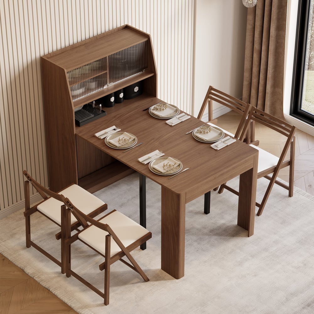 Questions and Answers for extendable dining table with storage, cupboard and glass door - walnut