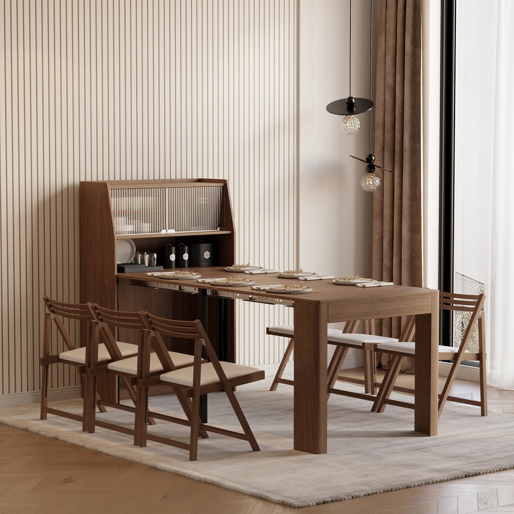 Questions and Answers for extendable dining table with storage, cupboard and glass door - walnut