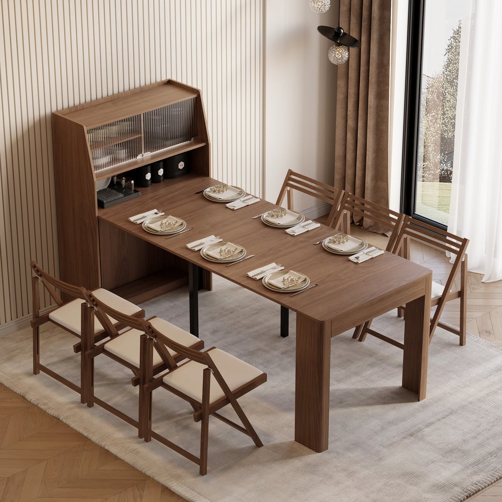 Questions and Answers for extendable dining table with storage, cupboard and glass door - walnut