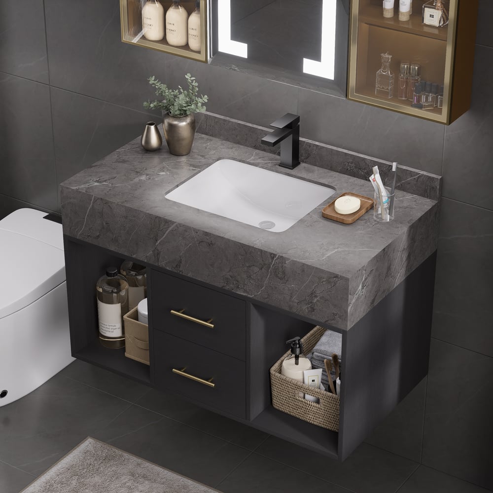 Questions et Réponses pour Vanité de salle de bain flottante de 900 mm avec vasque en pierre frittée à 2 tiroirs