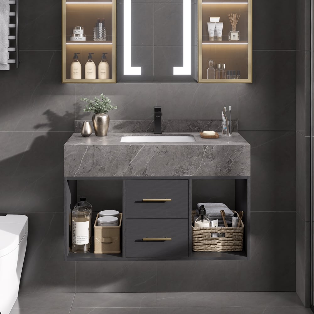 Questions et Réponses pour Vanité de salle de bain flottante de 900 mm avec vasque en pierre frittée à 2 tiroirs