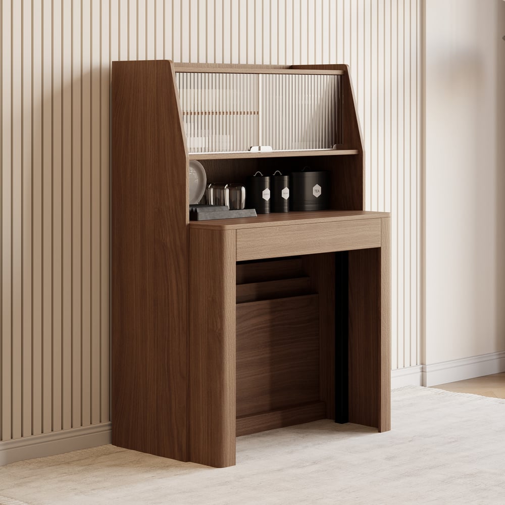 Questions and Answers for extendable dining table with storage, cupboard and glass door - walnut