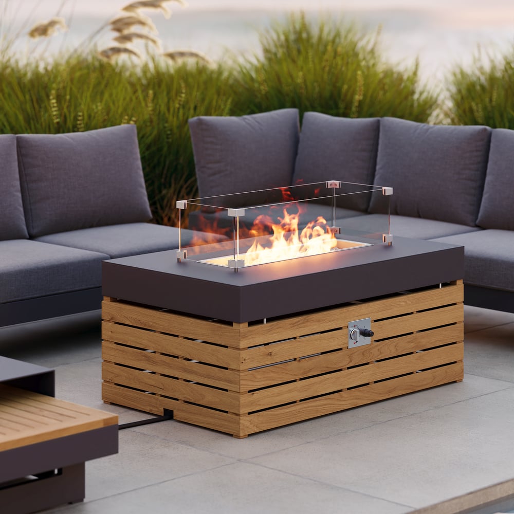 Vragen en antwoorden voor 4-zits tuinmeubelset met open haard gemaakt van aluminium en teakhout in lichtgrijs