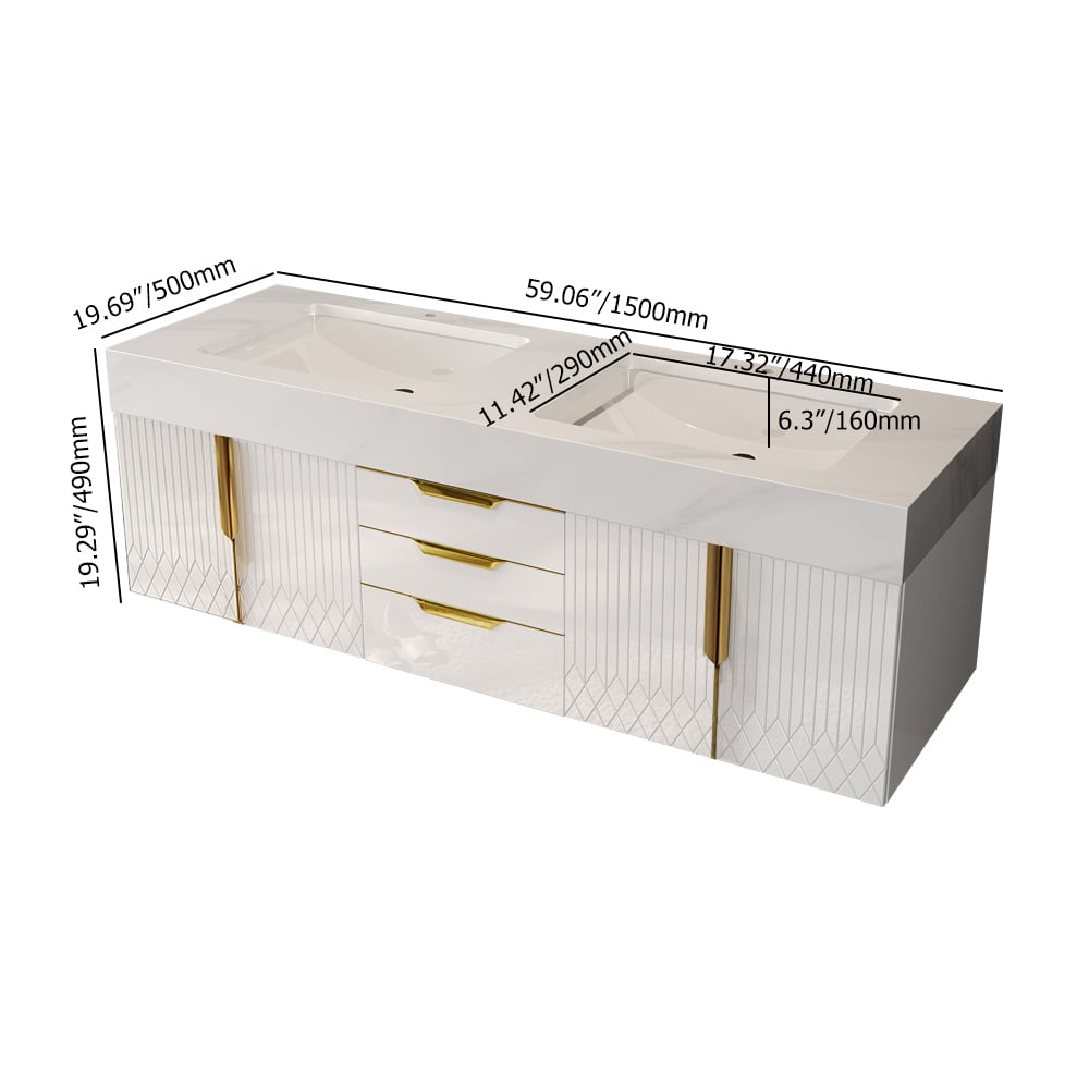 59" Double Sink Floating Vanity Set with LED Medicine Cabinet with Storage weights dimensions image