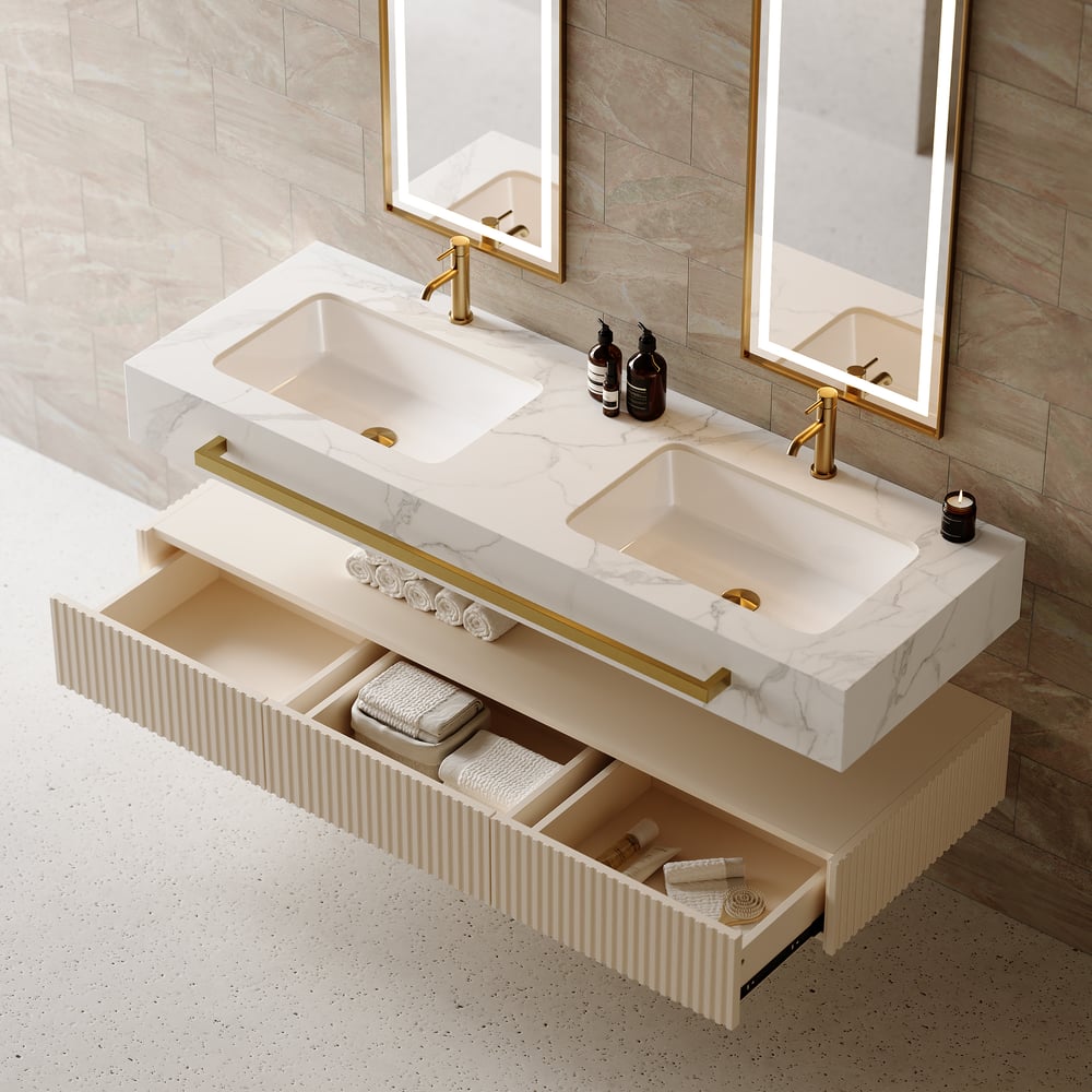 Questions and Answers for Bathroom Vanity Series 55.1" Modern Floating Bathroom Vanity White with Double Sinks