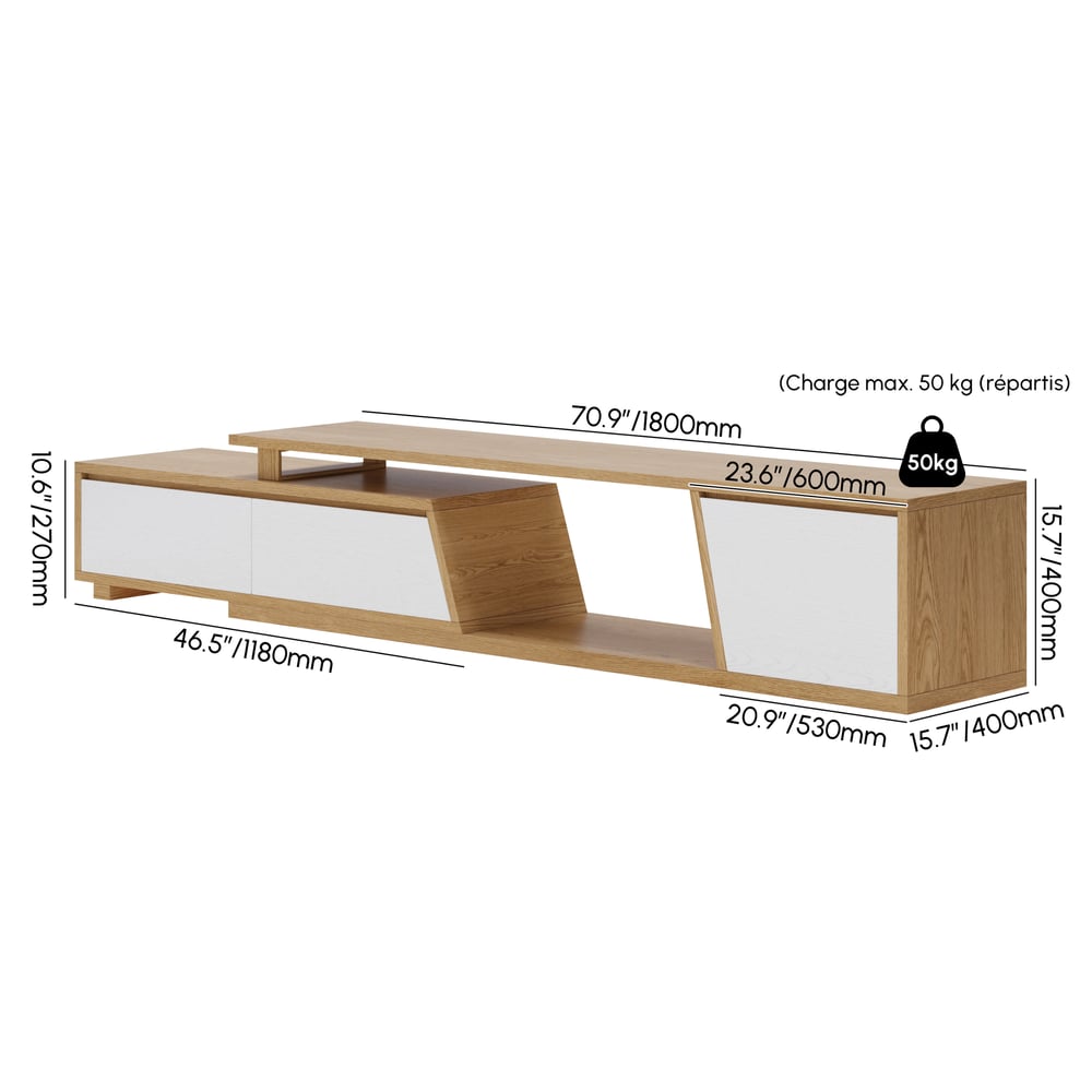 Fero White & Natural Extendable TV Stand with 3 Drawers(71"-110") weights dimensions image