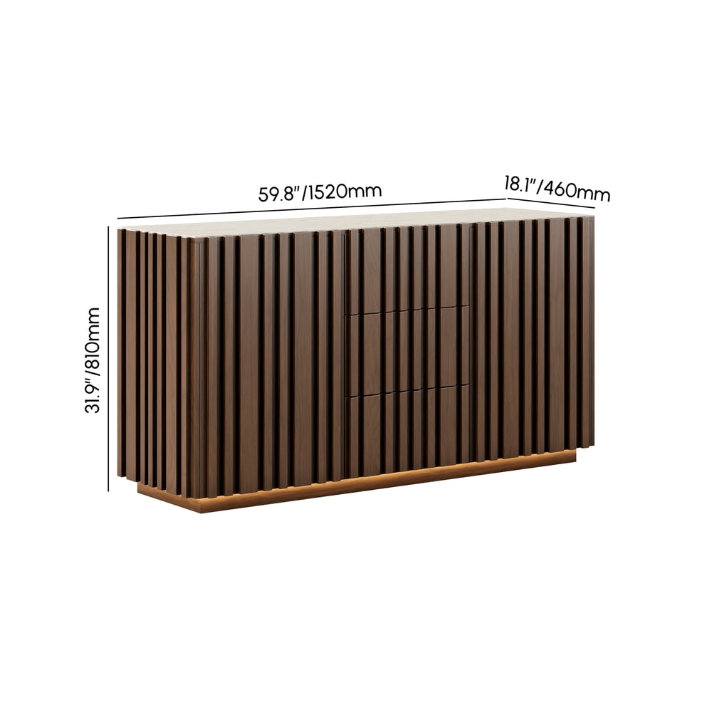 Aura 60" Faux Travertine Top Buffet Sideboard with Ash Wood Slatted Panels & Light weights dimensions image
