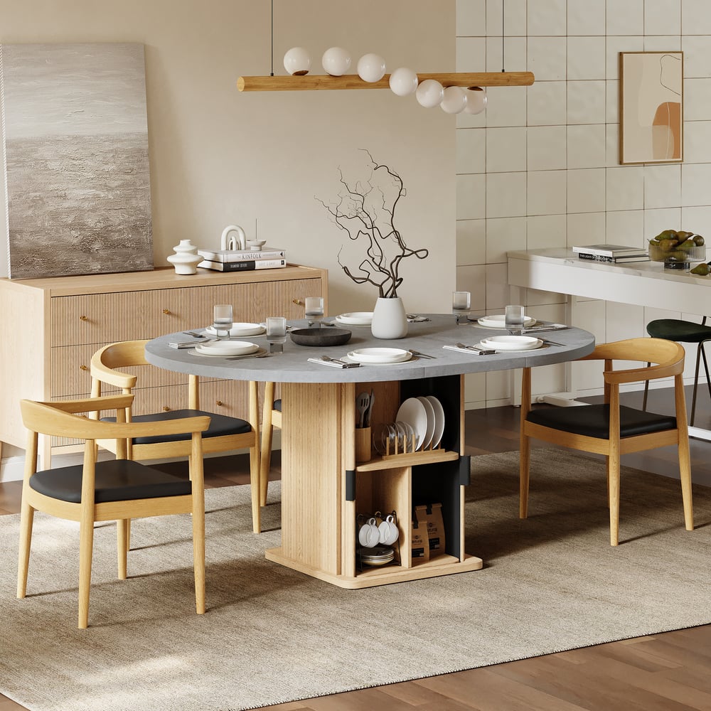 Otázky a odpovědi pro Moderní rozkládací jídelní stůl 47"-63" (119-160 cm) s úložným prostorem a rýhovanou základnou, pro 4-6 osob