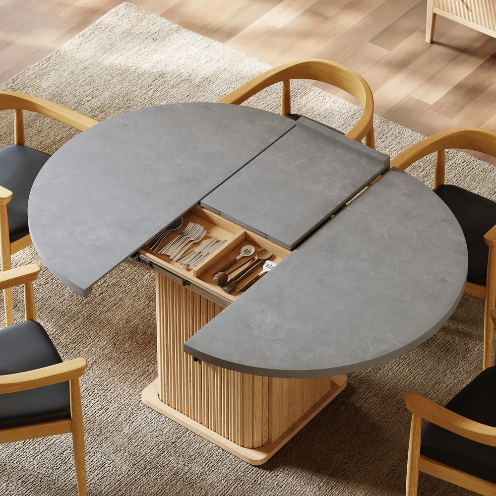 Questions and Answers for 1200mm-1600mm Gray Extendable Dining Table with Fluted Base and Storage