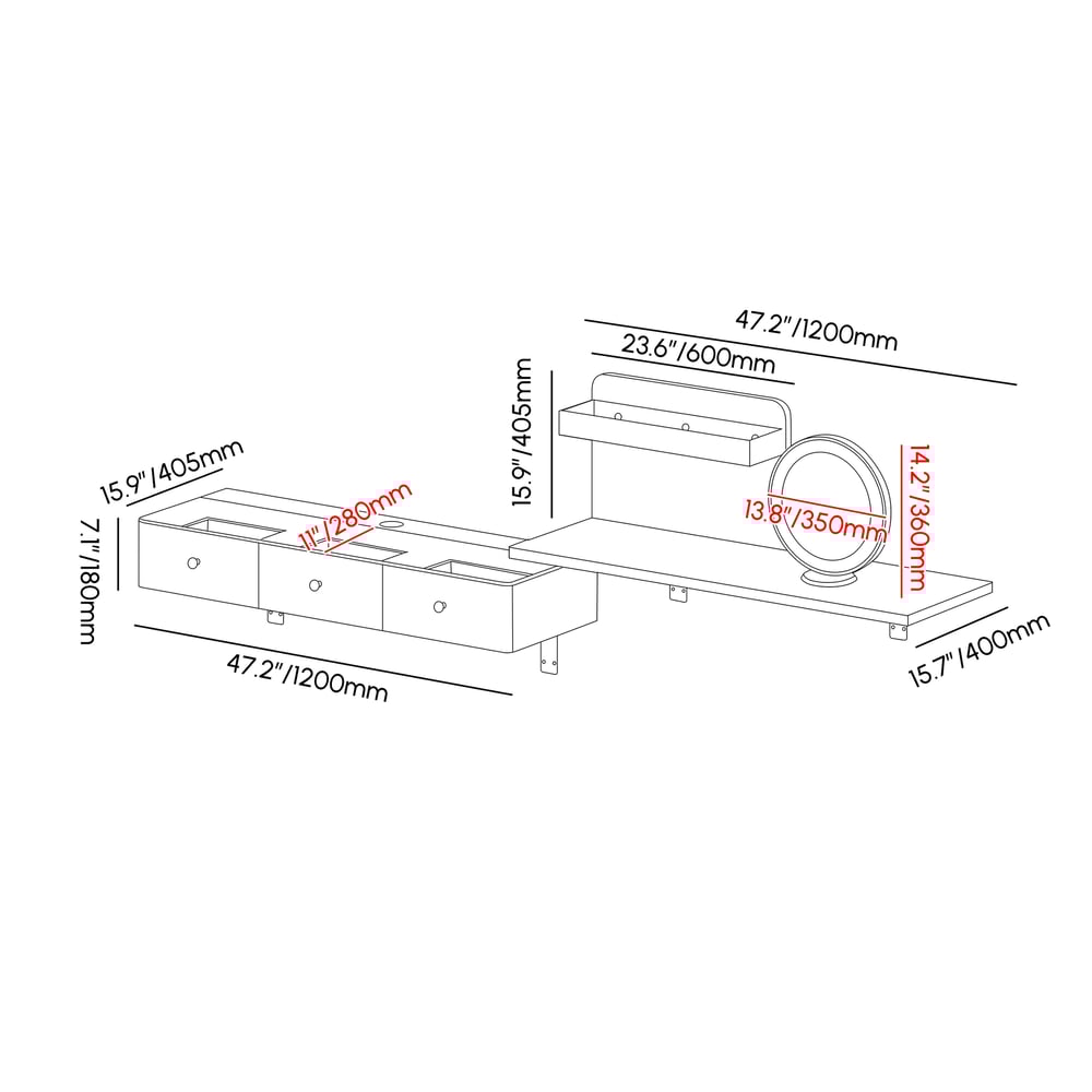 Saddle Leather Floating Makeup Vanity with Tempered Glass Top & Mirror weights dimensions image