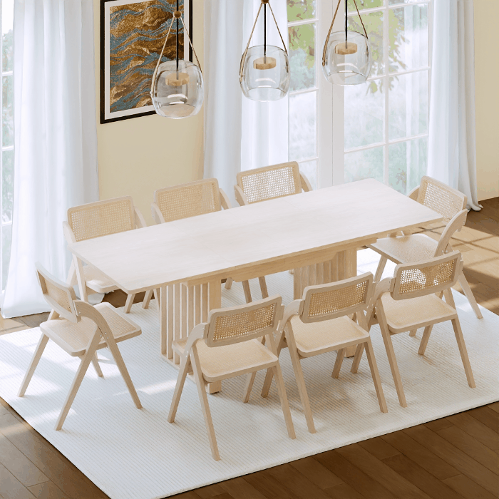 Questions and Answers for Japandi Extendable Whitewash Dining Table for 4-8 Person Double Pedestal