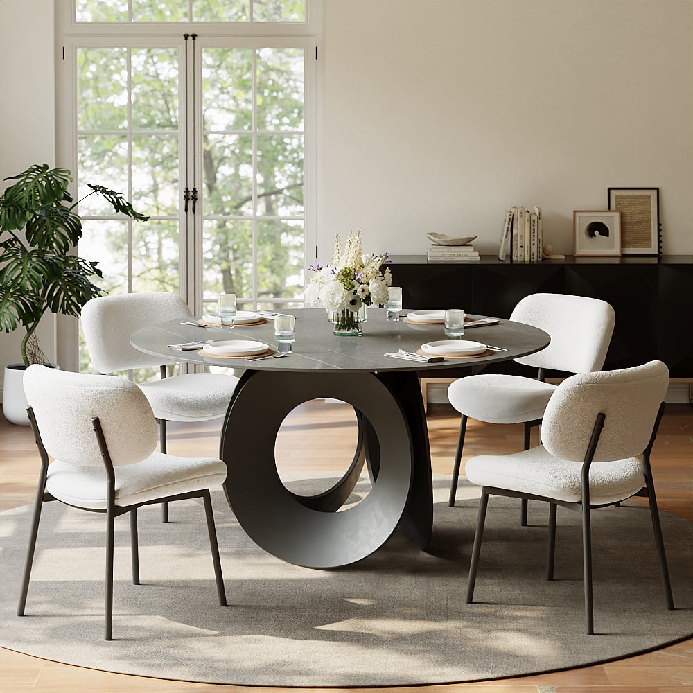 Avis Clients sur 1300mm Table de Salle à Manger Ronde Grise avec Dessus en Pierre Frittée et Base en Acier au Carbone