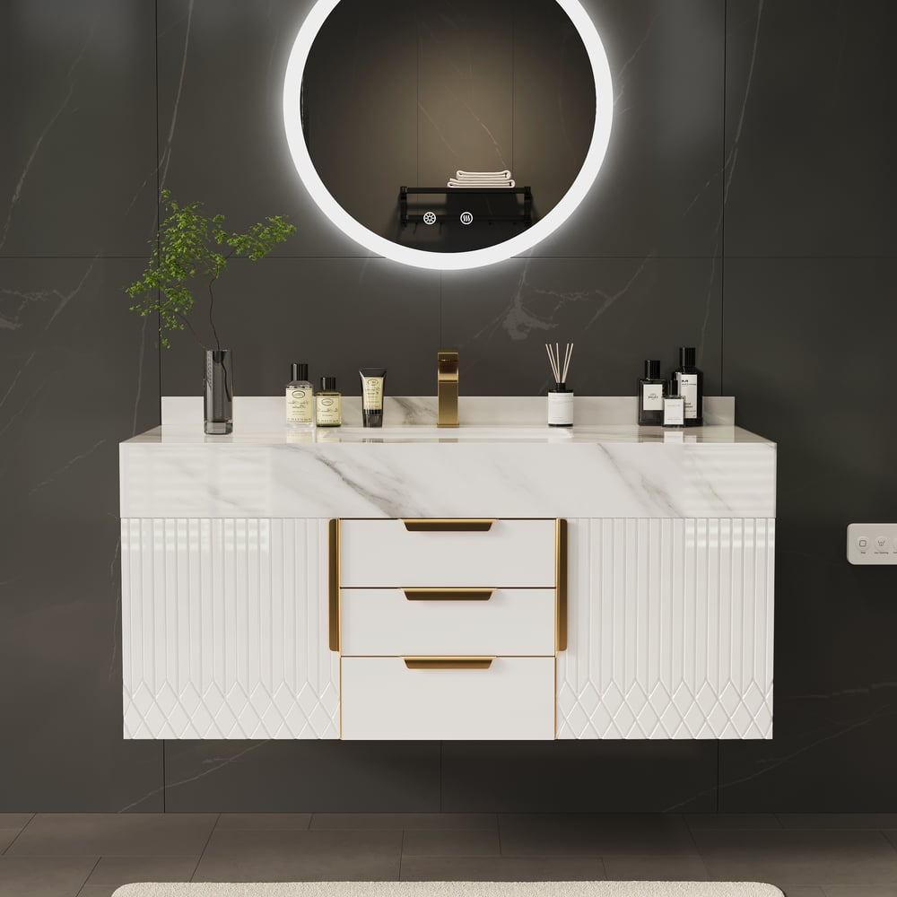 Questions et Réponses pour Vasque Aro de 120 cm à fixer au mur avec plateau en pierre frittée et rangement étendu