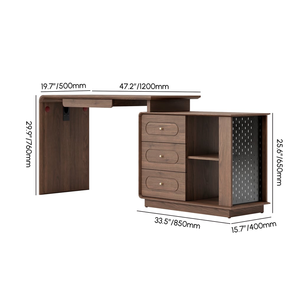 Walnut L-Shaped Corner Desk with Keyboard Tray & Storage weights dimensions image